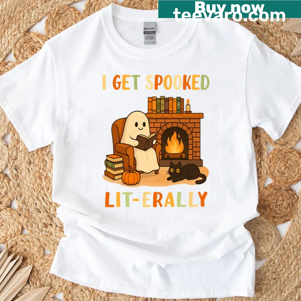 T-shirt featuring a cute ghost reading a book for Halloween — on a men's t-shirt
