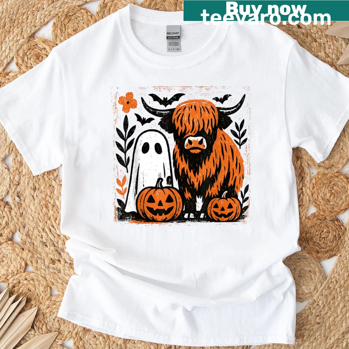 Adorable ghost Highland cow Halloween T-shirt — on a men's t-shirt