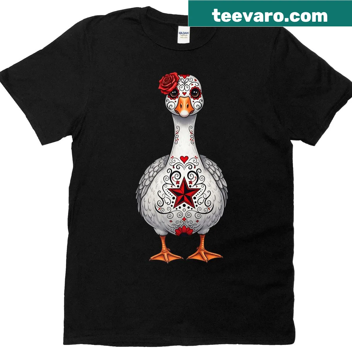 Whimsical Halloween graphic featuring a sugar skull goose. — on a men's t-shirt