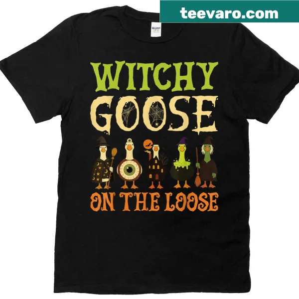 Cute goose in witch costume on a t-shirt