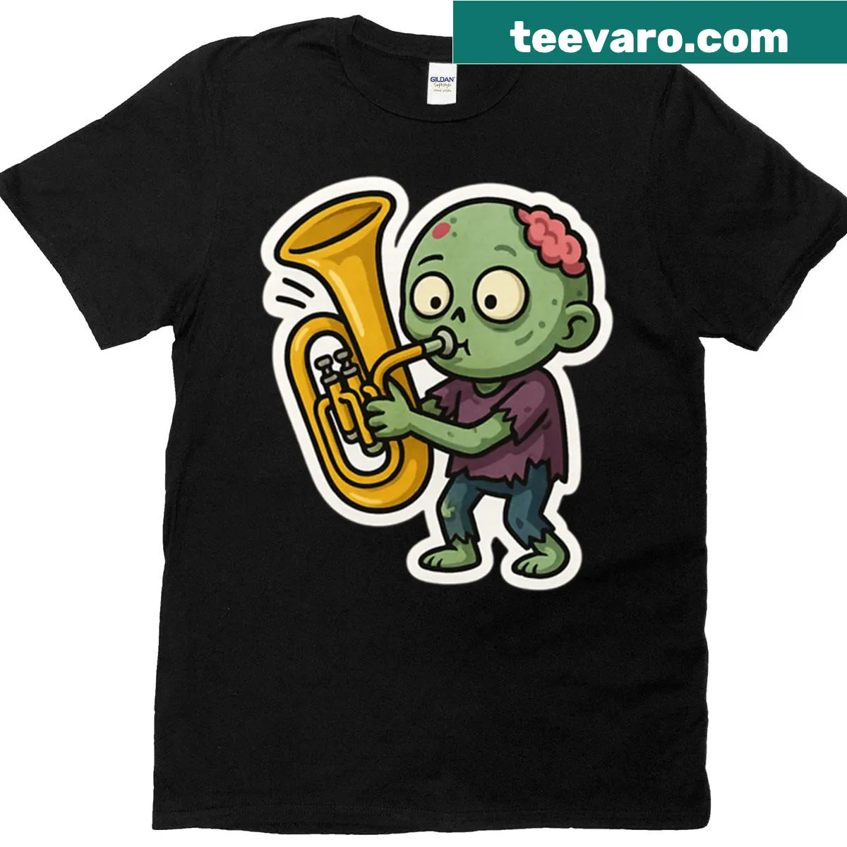 Cute zombie sticker graphic on a playful t-shirt — on a men's t-shirt