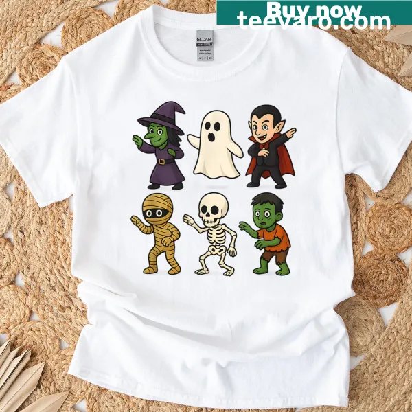 Halloween-themed t-shirt with dabbing characters like witches and zombies