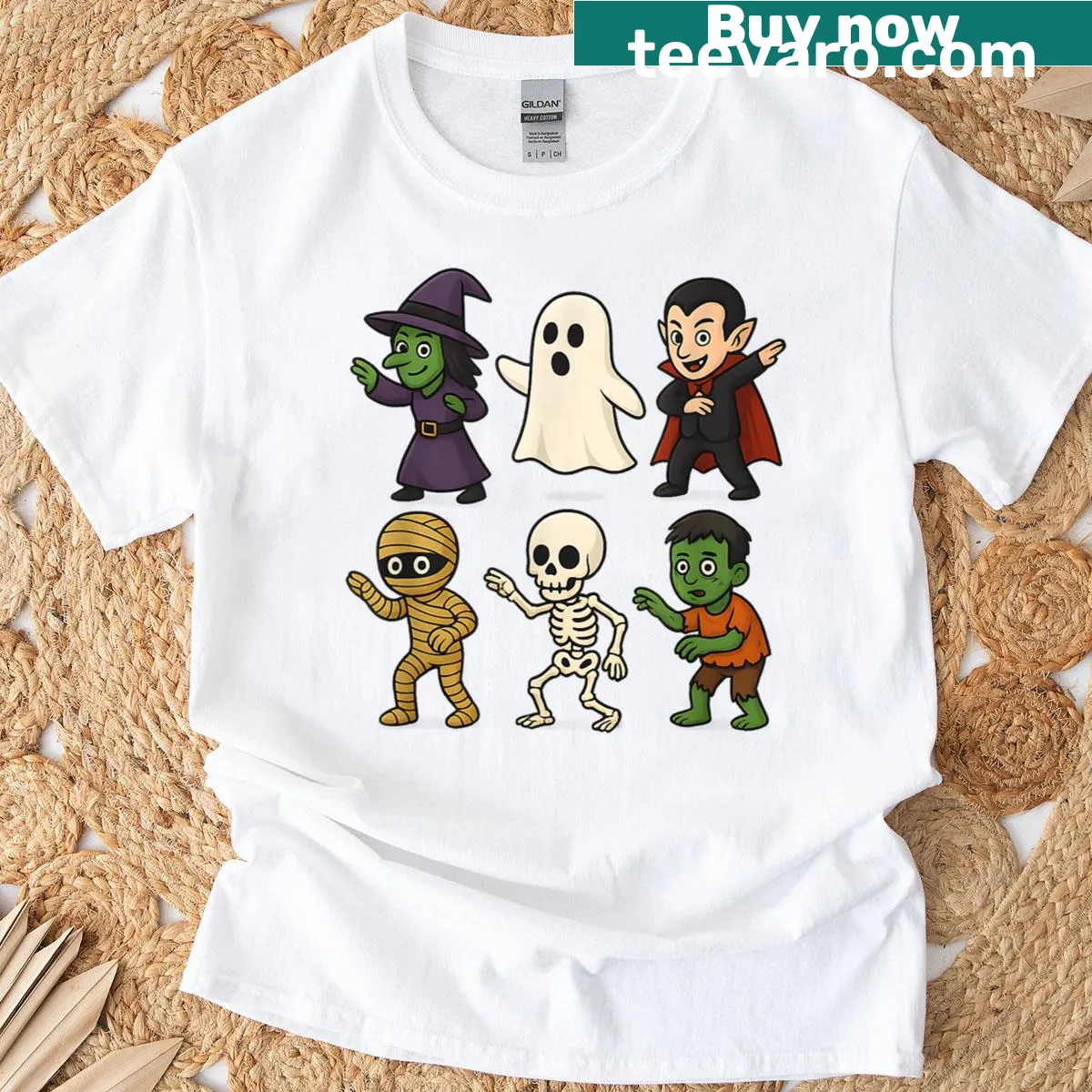 Halloween-themed t-shirt with dabbing characters like witches and zombies — on a men's t-shirt