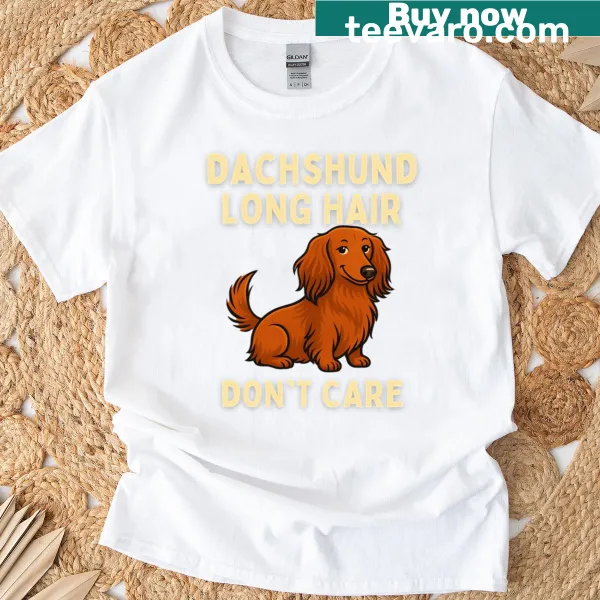 Oversized tee with a cartoon dachshund and the phrase Long Hair Don't Care