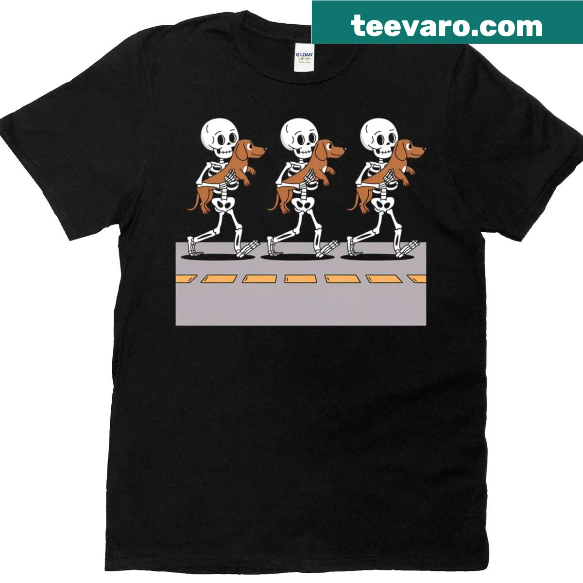 Dancing skeletons and a dachshund on a Halloween t-shirt — on a men's t-shirt