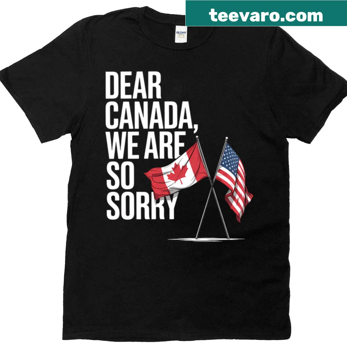 Funny apology message from Americans to Canadians graphic t-shirt — on a men's t-shirt