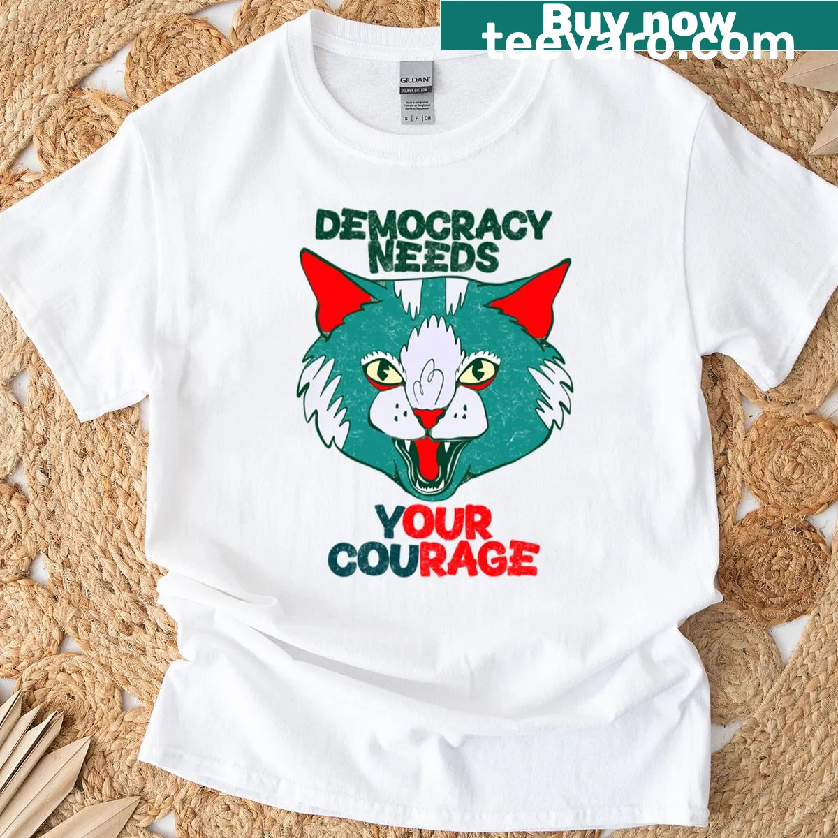 Artistic cat illustration with a democracy message on a t-shirt — on a men's t-shirt
