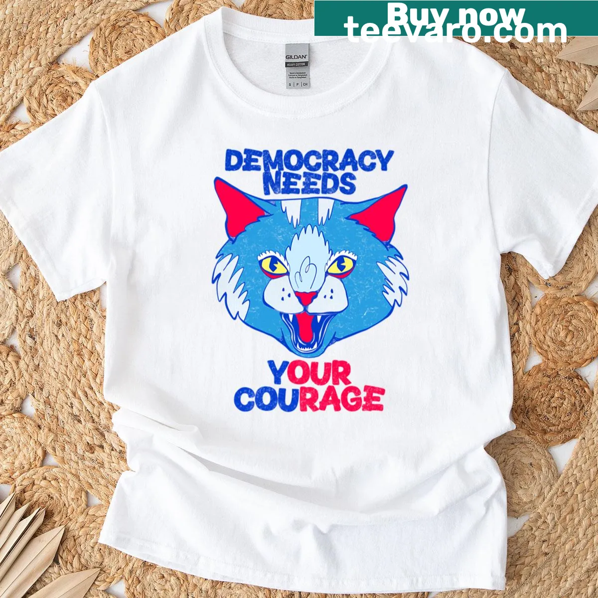 Oversized T-shirt with cat art and democracy message — on a men's t-shirt