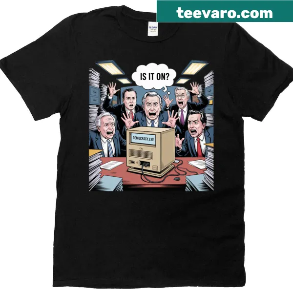 Glitched design with political satire text on t-shirt