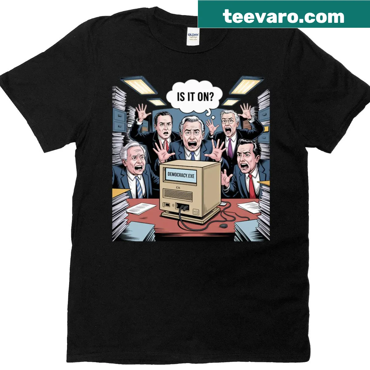 Glitched design with political satire text on t-shirt — on a men's t-shirt