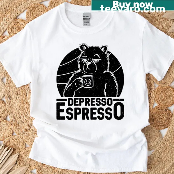 Illustration of a coffee maker with the word 'Depresso' on a t-shirt