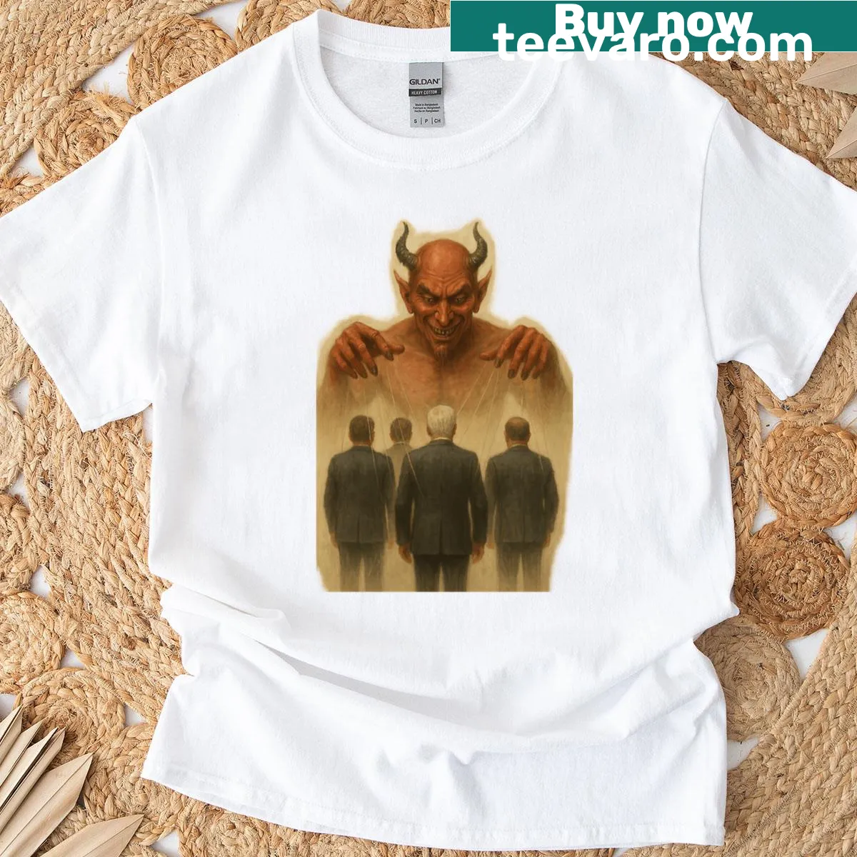 Edgy t-shirt featuring devilish design with hidden power theme — on a men's t-shirt
