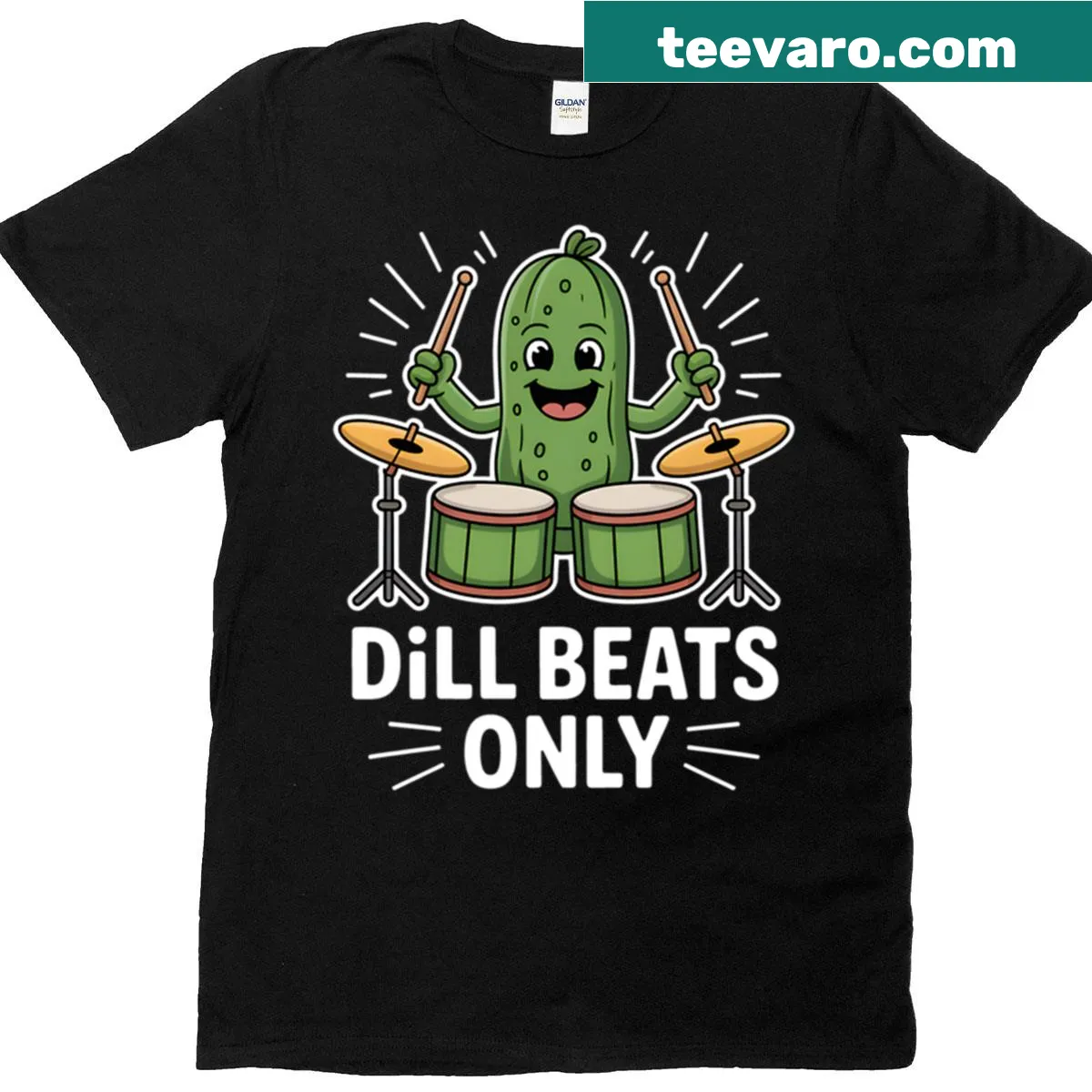 Food pun 'Dill Beats Pickle' graphic on t-shirt — on a men's t-shirt