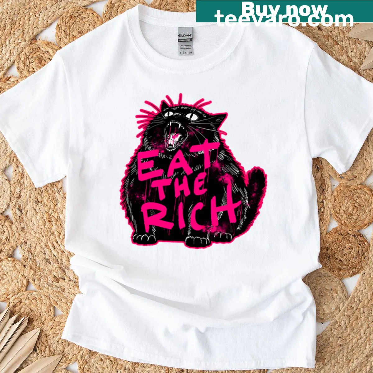 Humorous t-shirt with 'Eat The Rich' phrase in bold outline — on a men's t-shirt