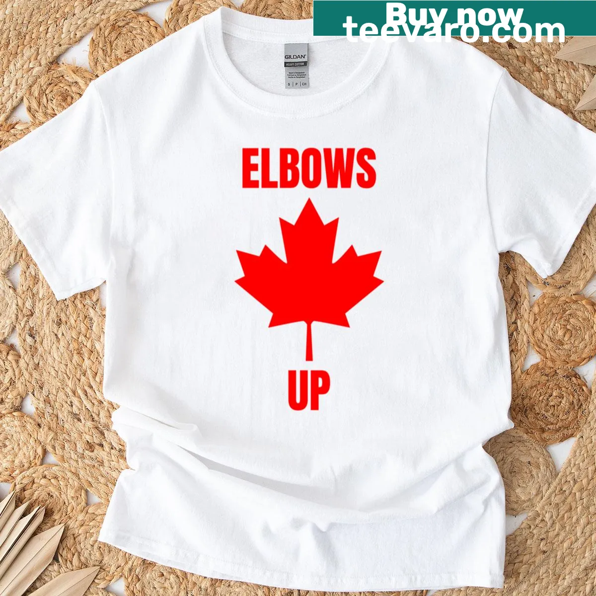 Playful t-shirt with the phrase 'Elbows Up' in bold typography — on a men's t-shirt