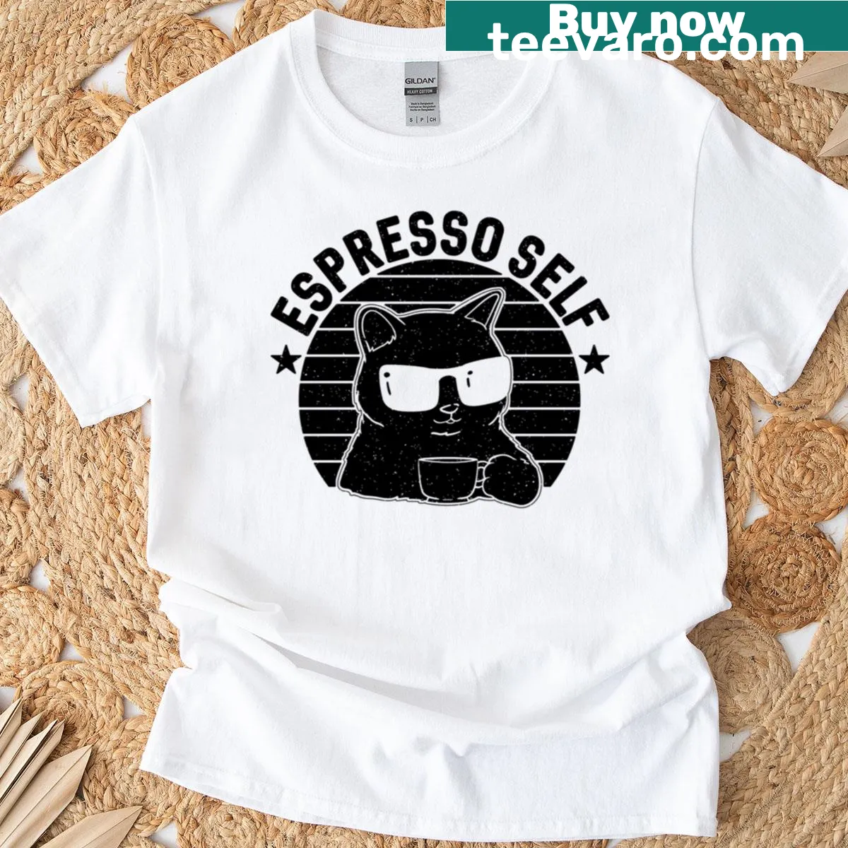 Graphic T-shirt featuring an espresso machine and coffee-themed text — on a men's t-shirt