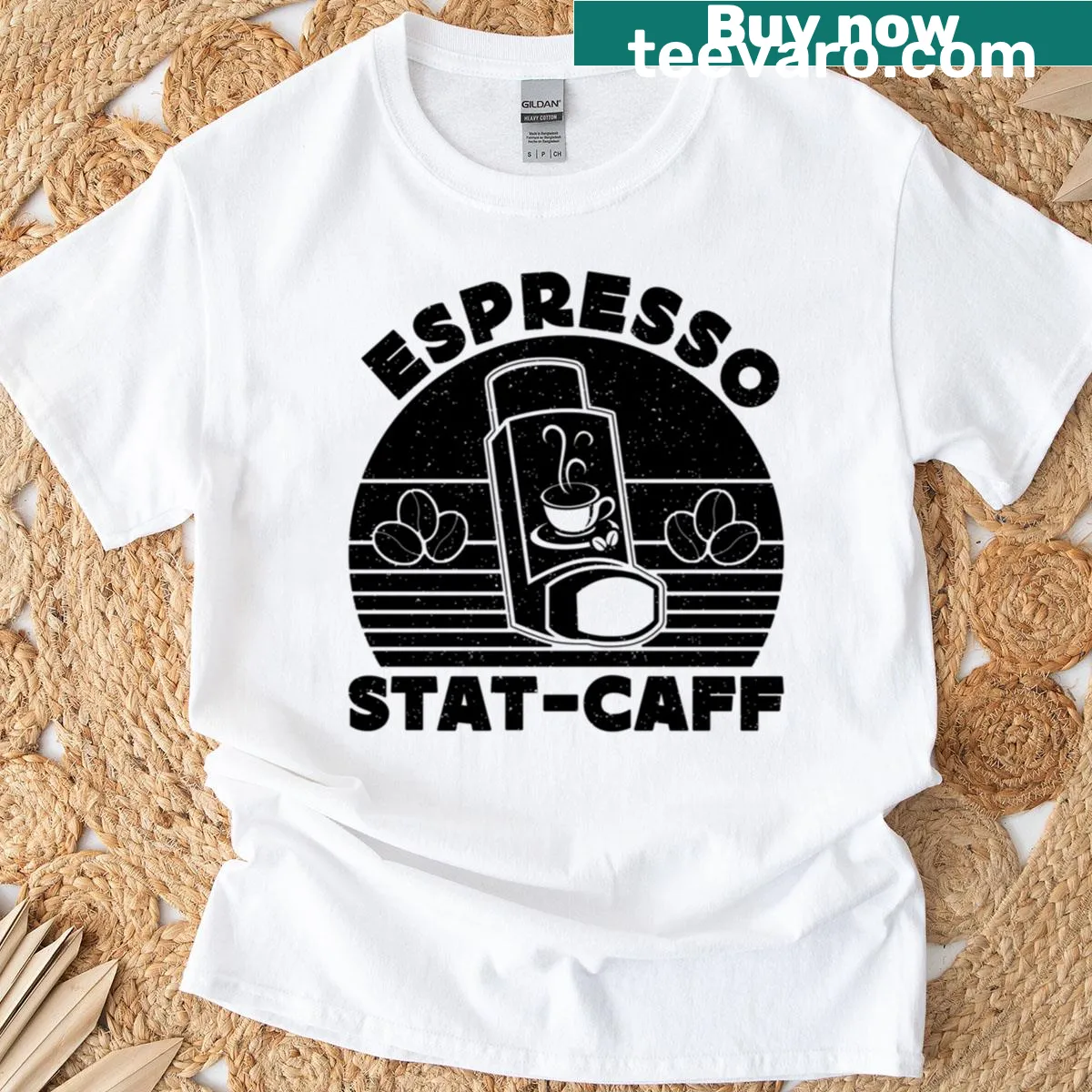 T-shirt with the phrase 'Espresso Stat-caff' in playful typography — on a men's t-shirt