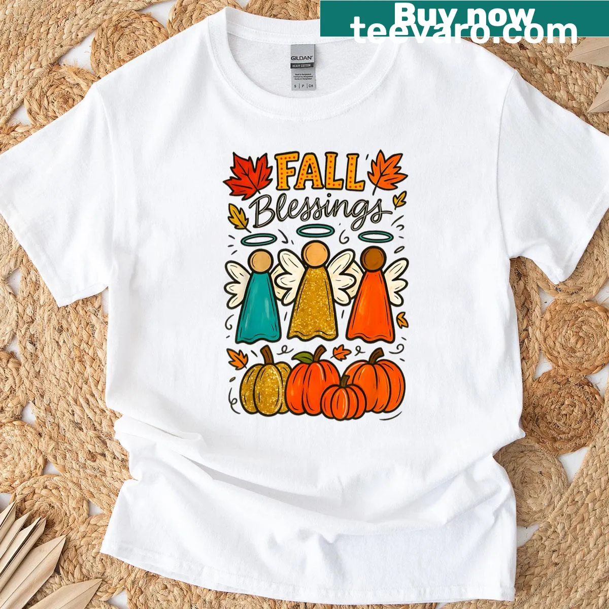 Illustration of an angel and Jesus with autumn themes — on a men's t-shirt