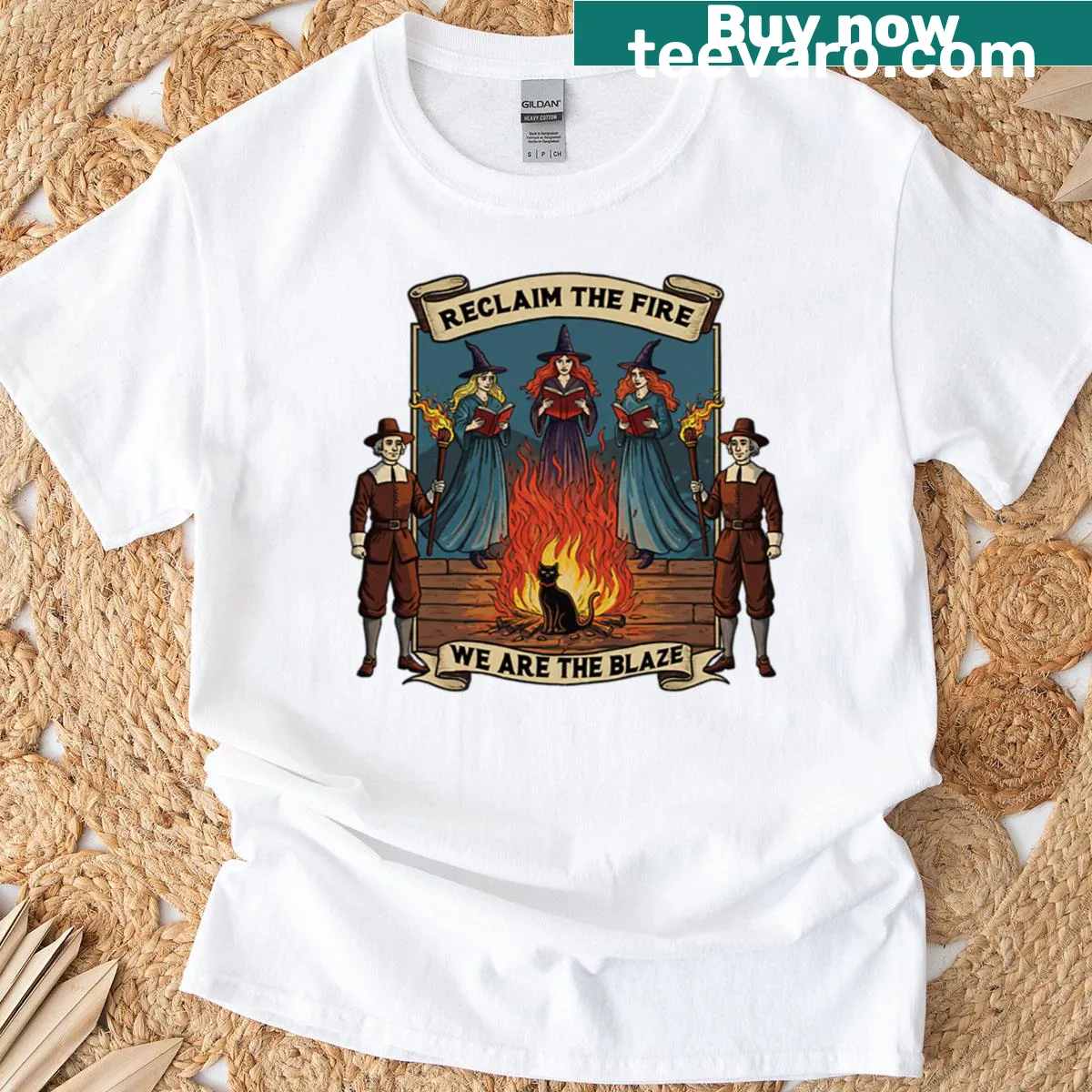 Illustration of feminist witches with a theme of empowerment and fire — on a men's t-shirt