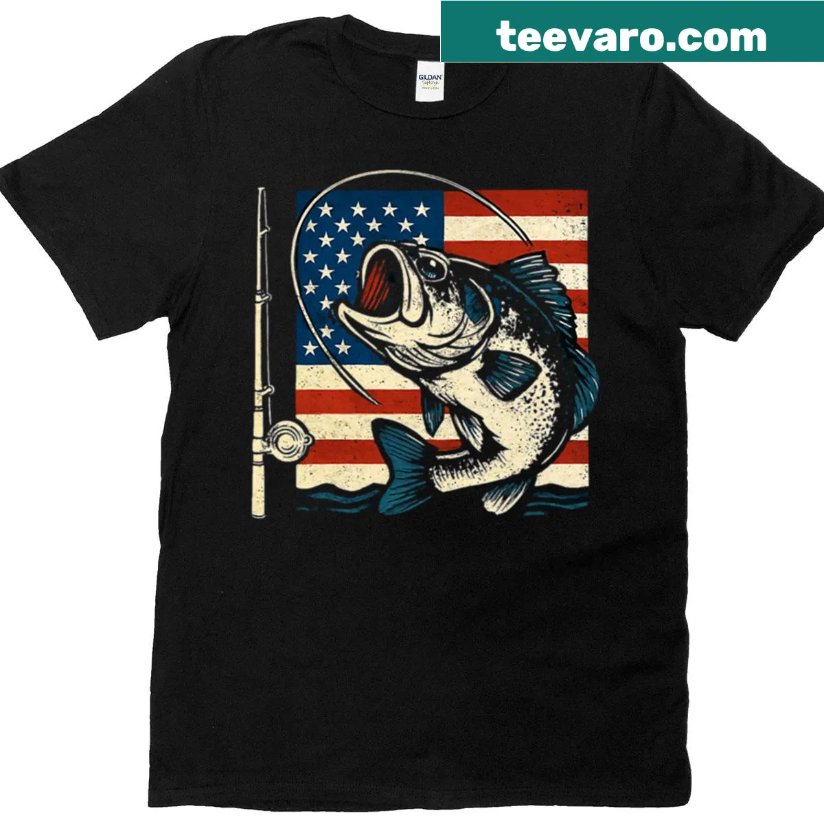 Vintage t-shirt featuring USA flag and fishing theme — on a men's t-shirt