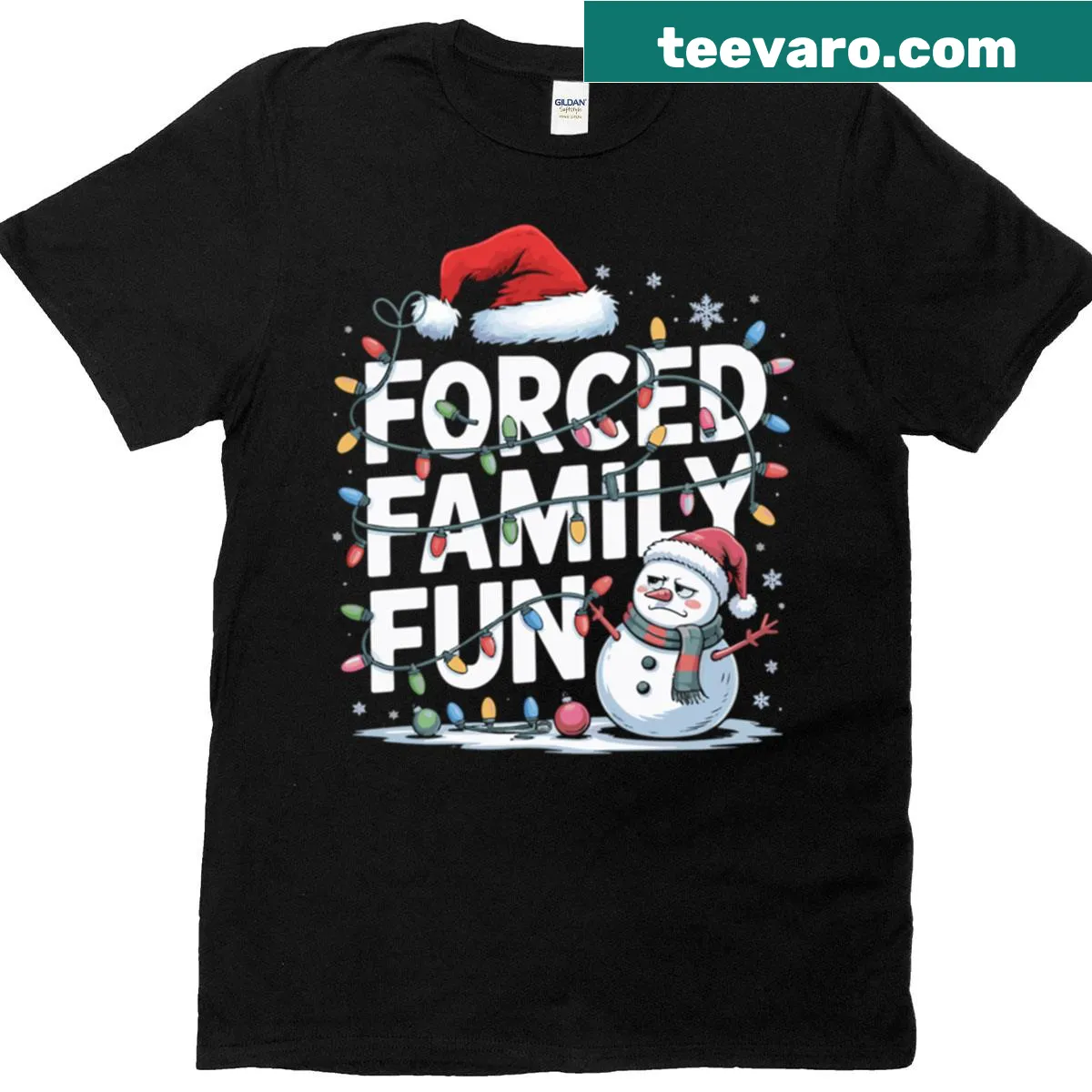 Whimsical snowman with Christmas lights design — on a men's t-shirt