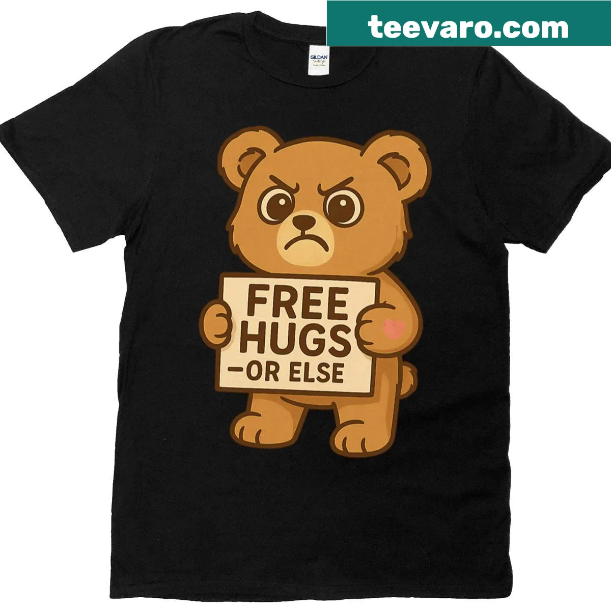 Cute bear illustration with 'Free Hugs Or Else' text — on a men's t-shirt