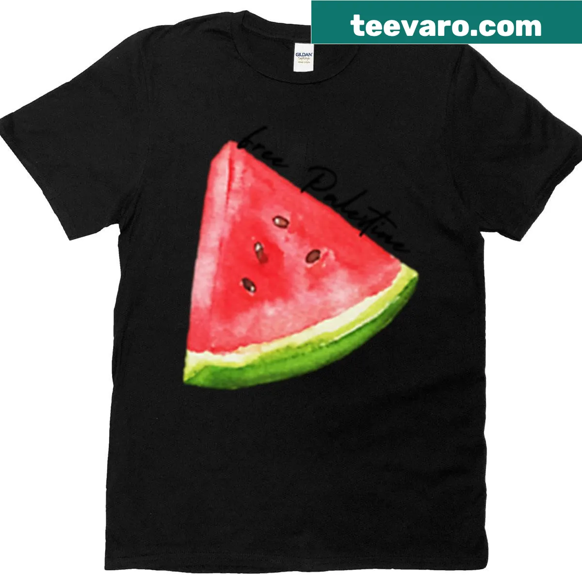 Handwritten message advocating for Palestine with watermelon symbol — on a men's t-shirt