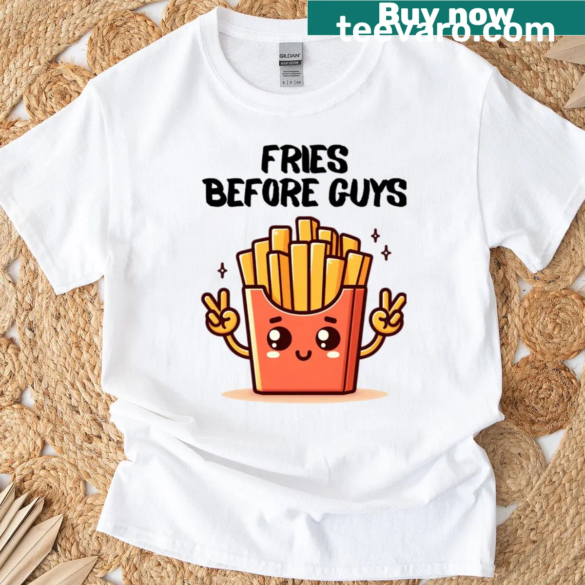 Retro kawaii design of French fries with the text 'Fries Before Guys' — on a men's t-shirt