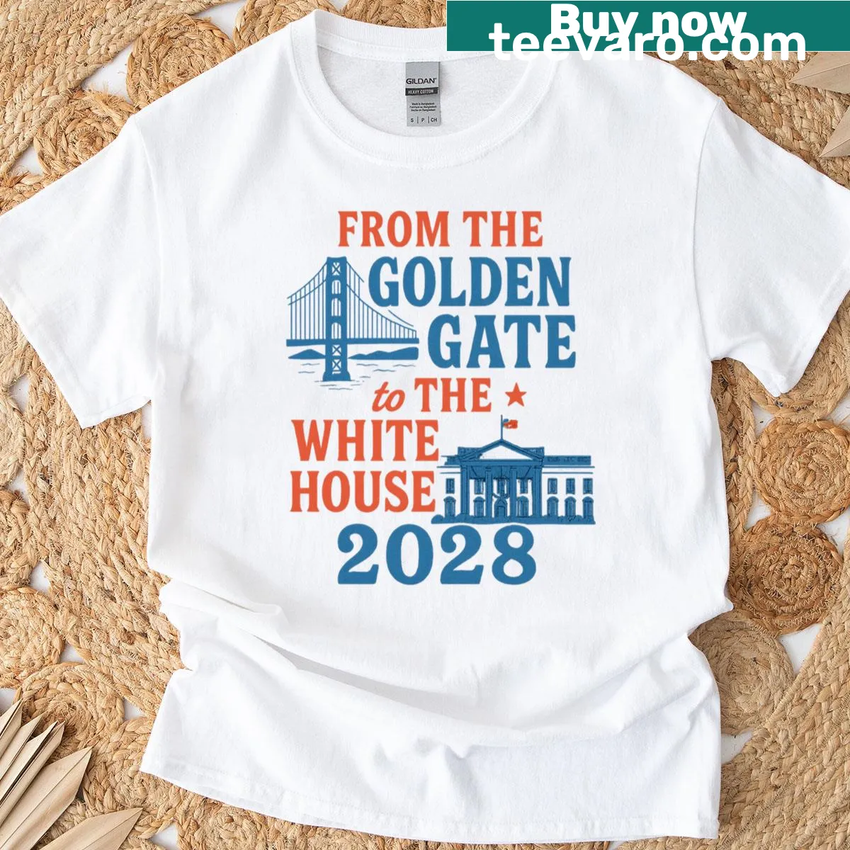 Graphic depicting the Golden Gate and the White House for 2028 election — on a men's t-shirt