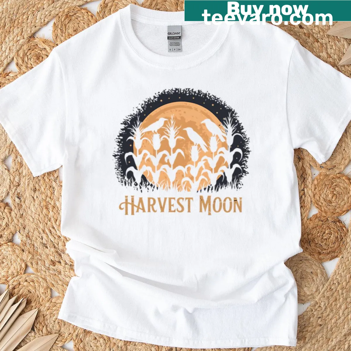 T-shirt illustrating a full moon above a cornfield — on a men's t-shirt
