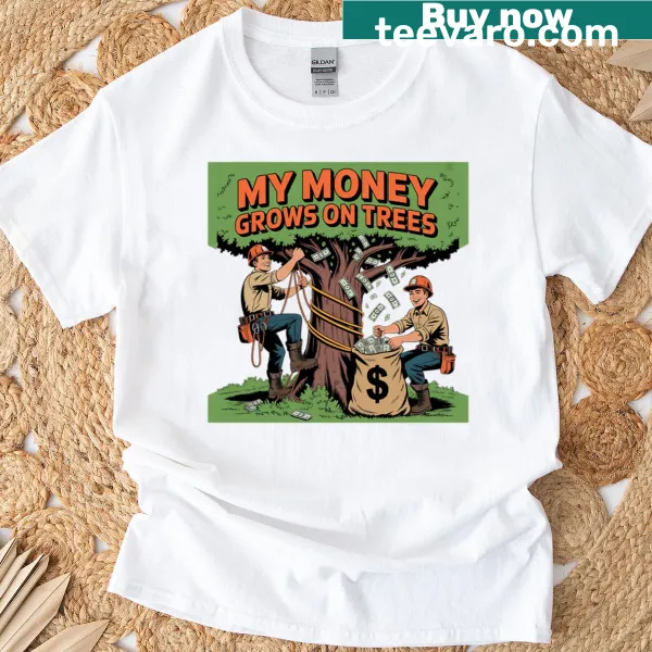 Cartoon graphic of 'My Money Grows On Trees' with tree illustration