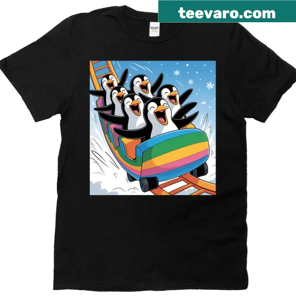 Cartoon penguins riding a roller coaster on a fun T-shirt for kids