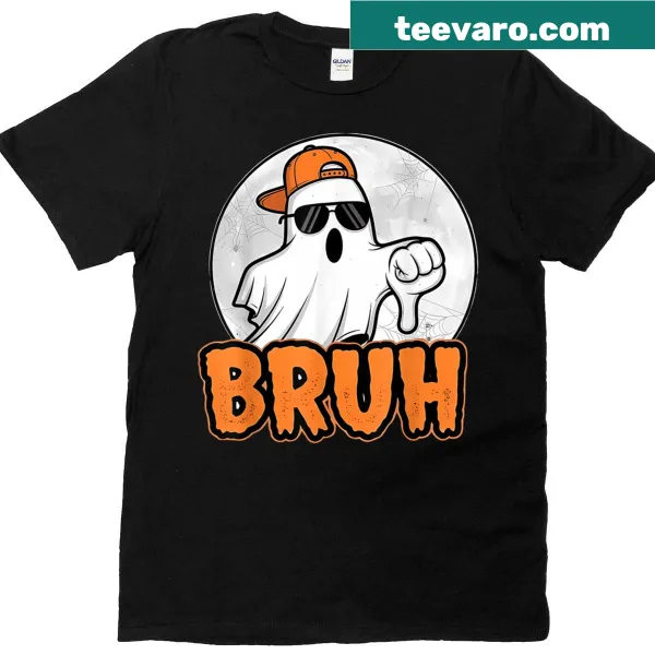Cute ghost design with a humorous 'bruh' meme phrase on a kids Halloween T-shirt
