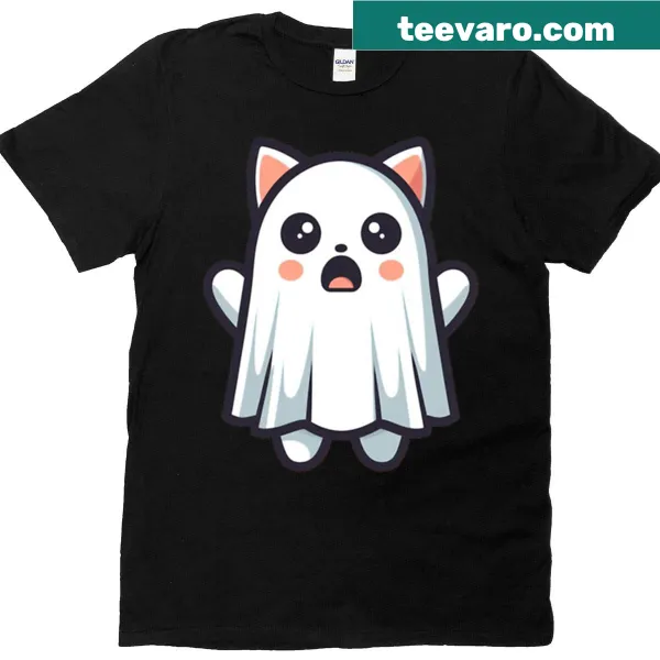 Oversized t-shirt with a cartoon cat ghost in a spooky sheet costume