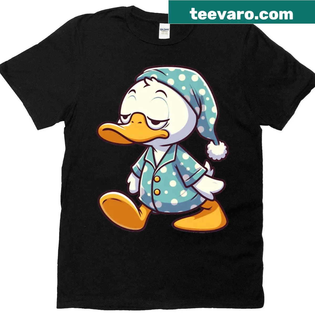 Oversized t-shirt featuring a funny sleepwalking cartoon duck — on a men's t-shirt