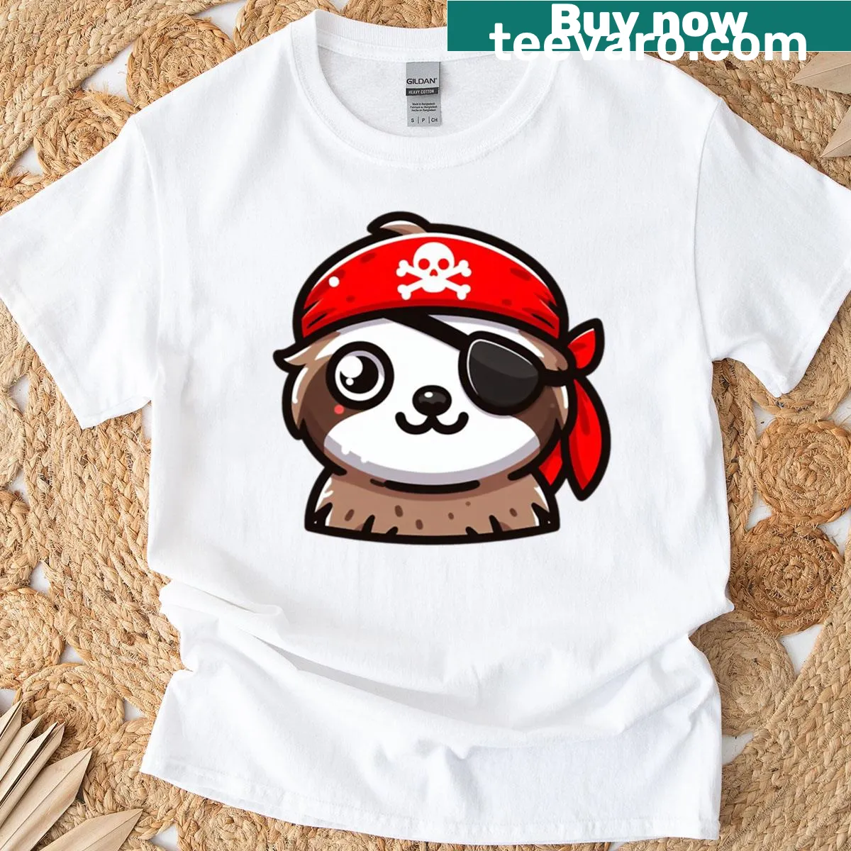 Cartoon pirate sloth graphic T-shirt with bandana and eyepatch — on a men's t-shirt