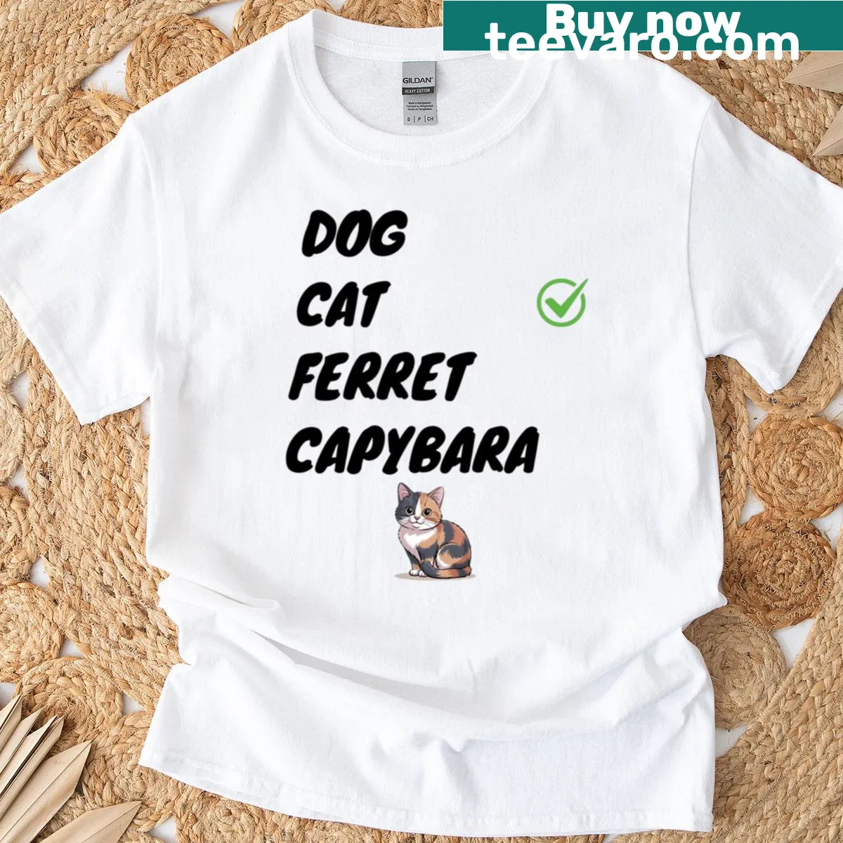 Minimalist typography T-shirt featuring various animal names — on a men's t-shirt