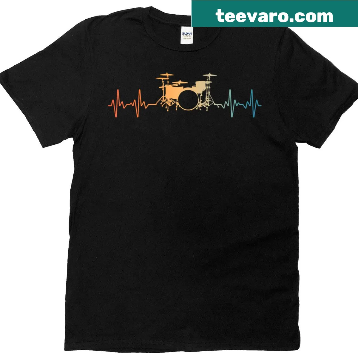 Illustration of a drummer playing with a humorous design — on a men's t-shirt