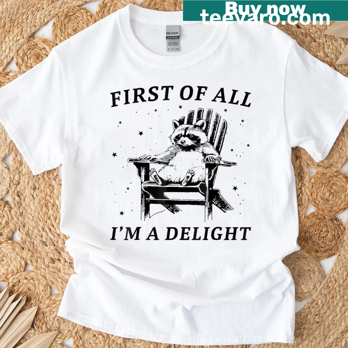 Sarcastic raccoon graphic with the text 'First of all, I'm a delight' — on a men's t-shirt