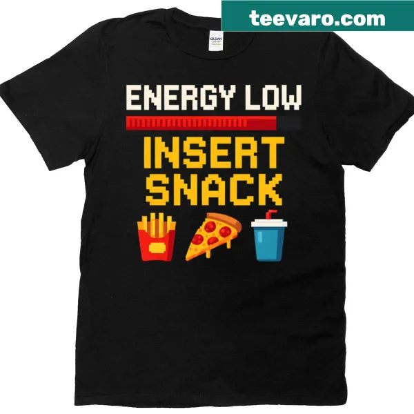 Pixel art T-shirt with a humorous gaming snack alert design