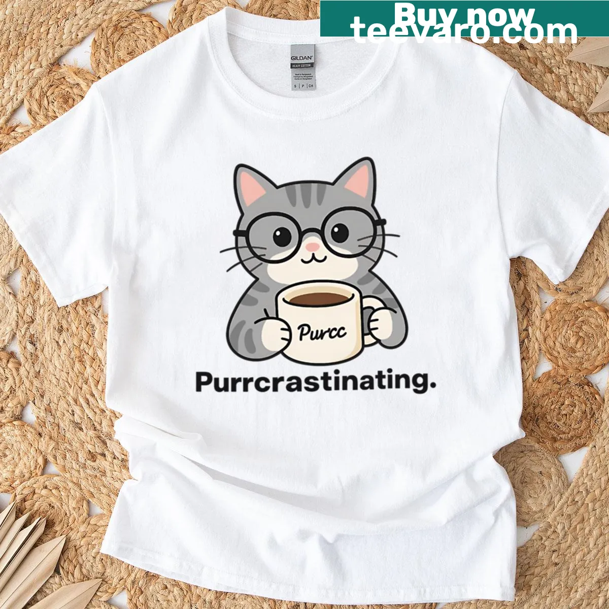 Cute gray tabby cat illustration with coffee and 'Purrcrastinating' text — on a men's t-shirt