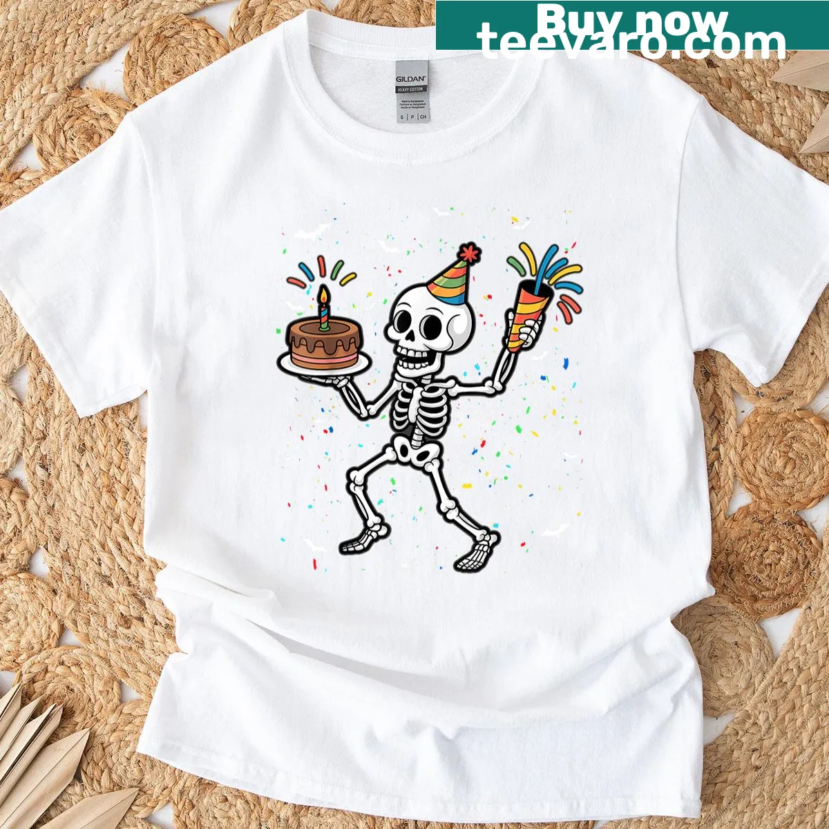 Funny t-shirt with playful skeleton designs for Halloween birthday parties. — on a men's t-shirt