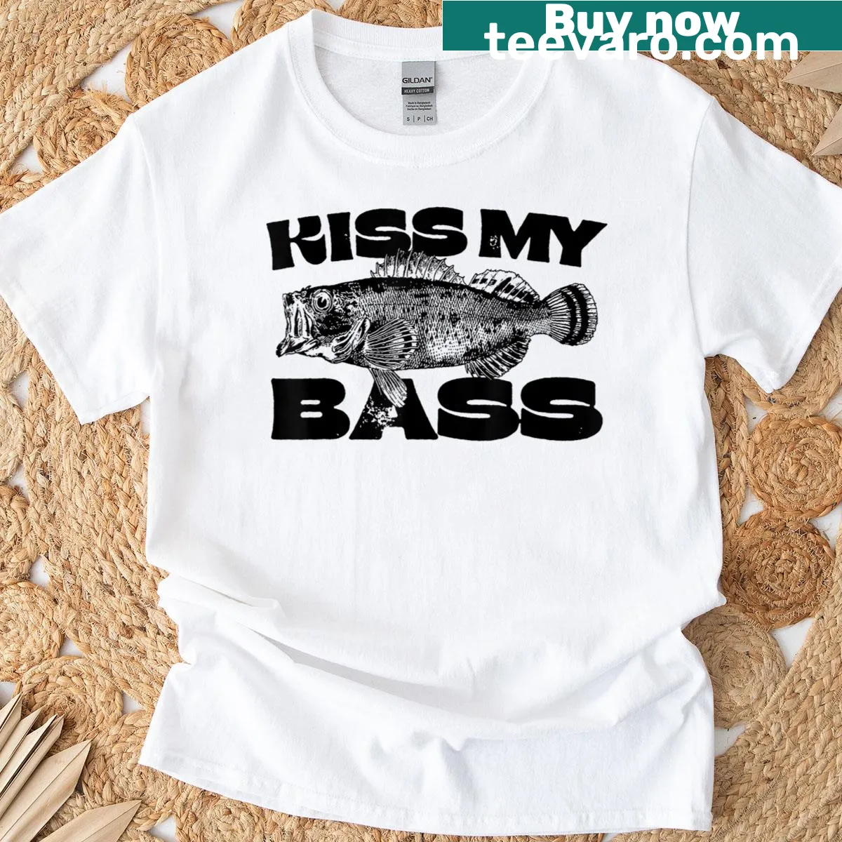 Humorous fishing-themed t-shirt with the phrase 'Kiss My Bass' in bold lettering — on a men's t-shirt
