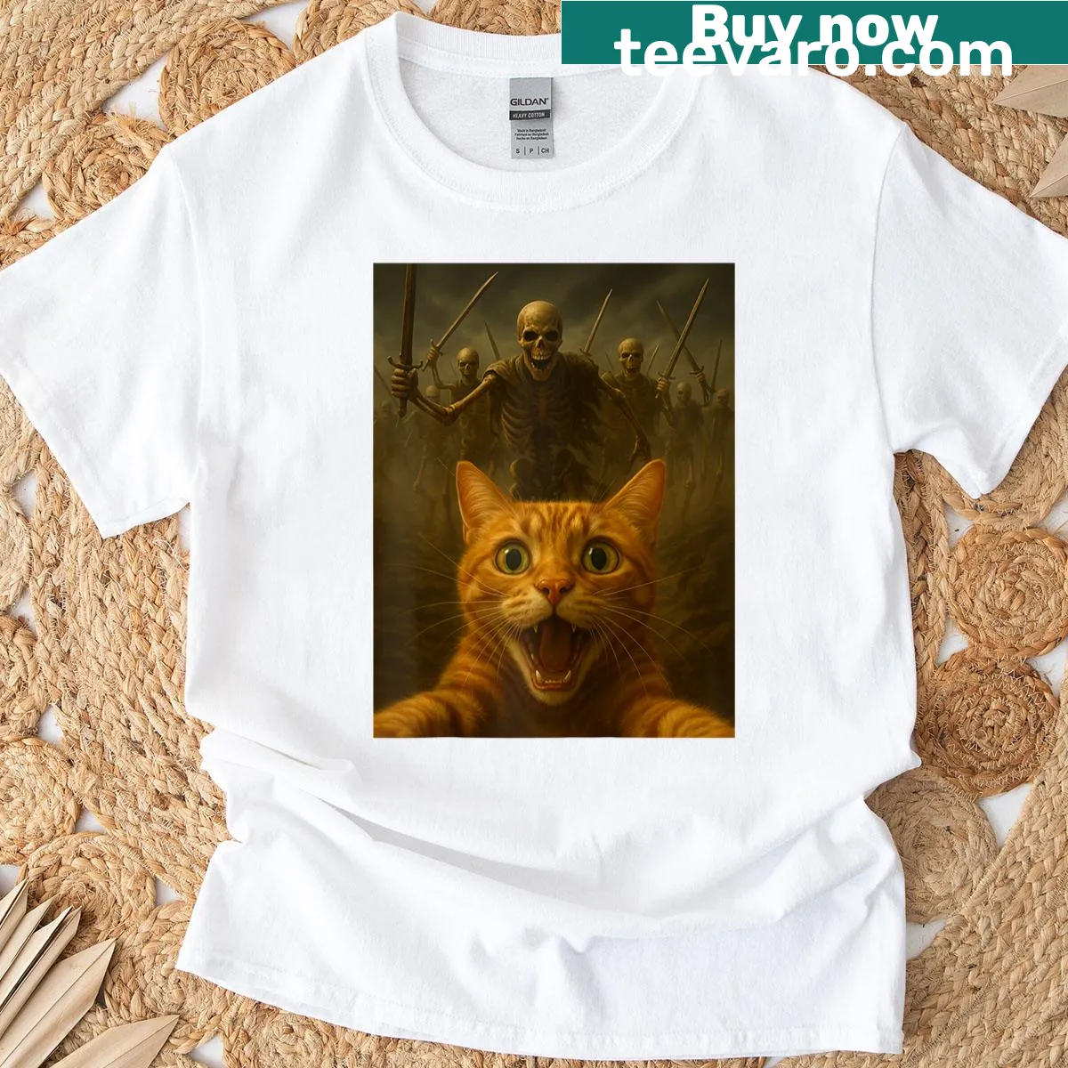 Costume-themed raglan tee featuring a humorous orange cat and skeletons for Halloween — on a men's t-shirt