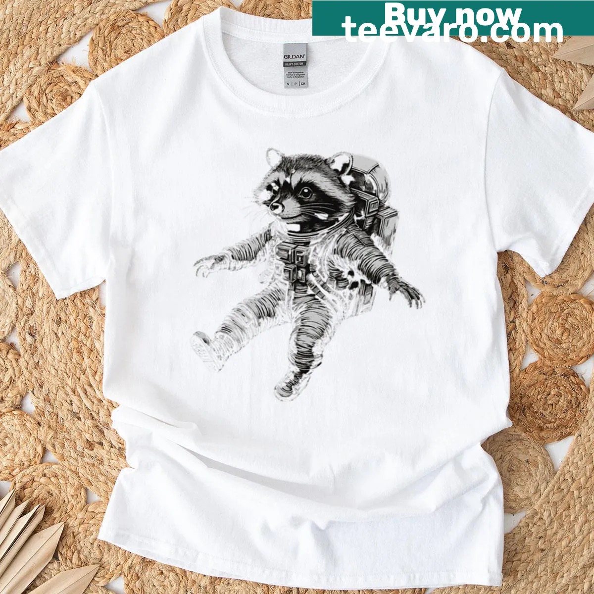 Cartoon raccoon astronaut design for a humorous t-shirt — on a men's t-shirt