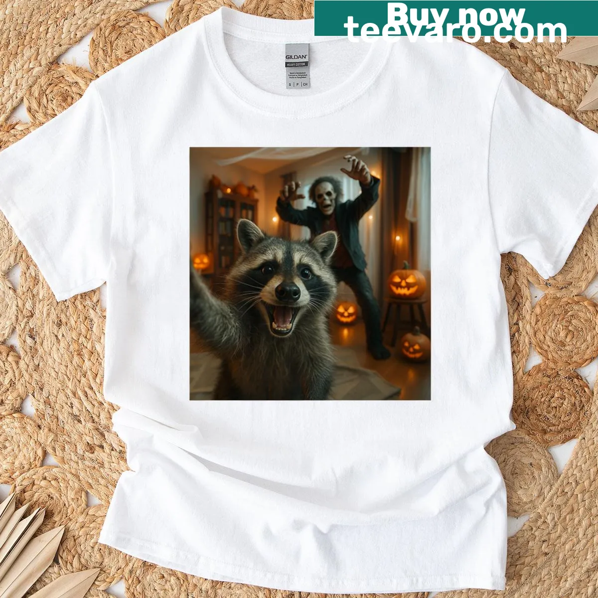 Cartoon raccoon in skeleton costume taking a selfie for Halloween — on a men's t-shirt