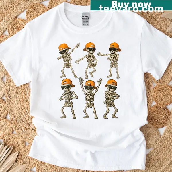Cartoon skeletons dancing on a Halloween-themed shirt