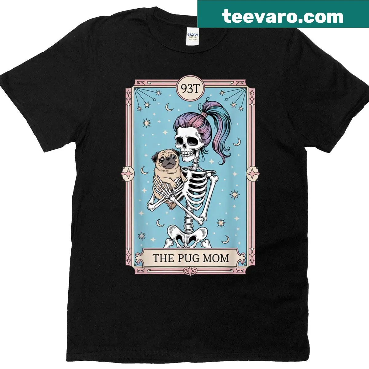Skeleton pug with tarot card design for Halloween — on a men's t-shirt