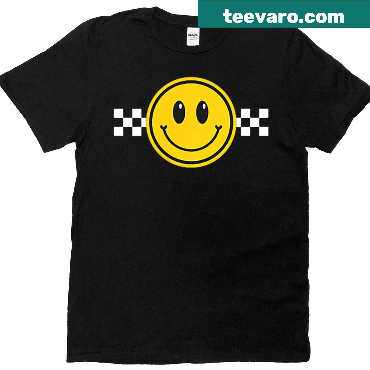 Graphic t-shirt featuring a smiling emoticon for positive vibes — on a men's t-shirt