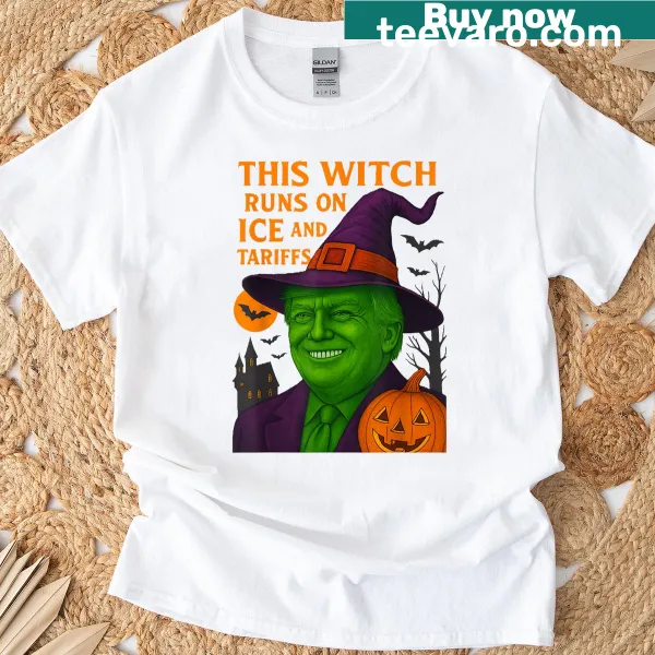 Funny Halloween t-shirt featuring a witch resembling Trump on ice with tariffs.